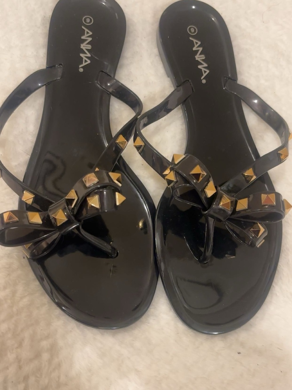 Black Studded Bow Jelly Sandals - Women